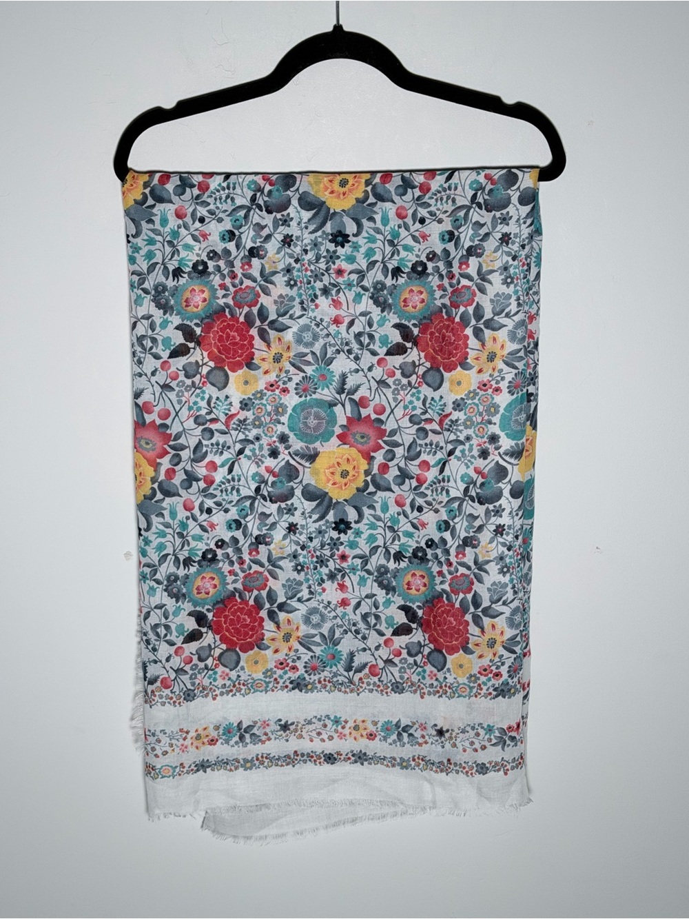 LOFT Floral Scarf in White with Red, Yellow & Teal Blooms